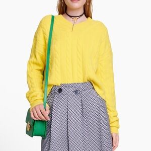 NWT MAJE Miramar Yellow Cable Knit V-Neck Pullover Cashmere Blend Sweater Medium